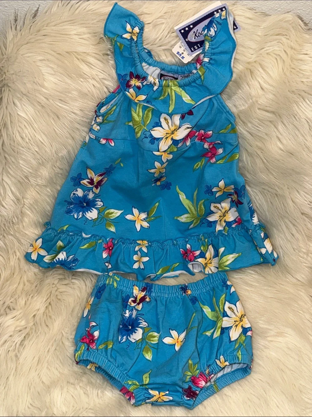 Koala Kids Turquoise Floral Summer Dress with Matching Bloomers Vintage 90’s